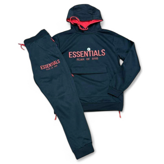 Essentials Large Pocket Hoody Set- Black / Red - Men Size